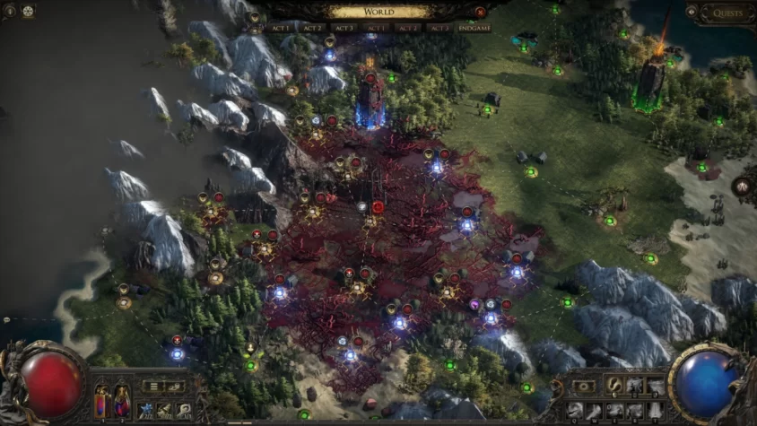 Карта мира в Path of Exile 2 с актами, порталами и щедрым слоем проклятий