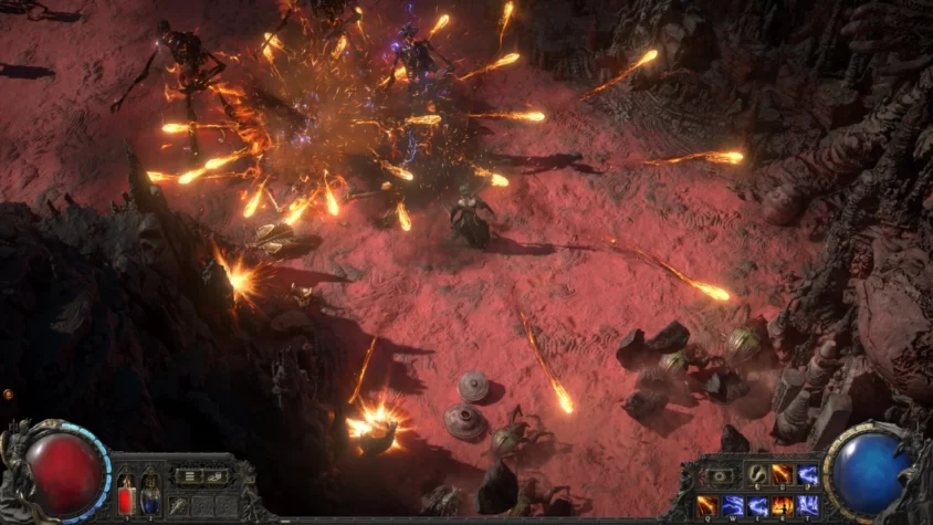 Сцена боя в Path of Exile 2 с градом огненных шаров и хаосом на экране