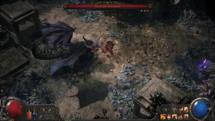 Битва с боссом-химерой Xyclucian в густых джунглях Path of Exile 2