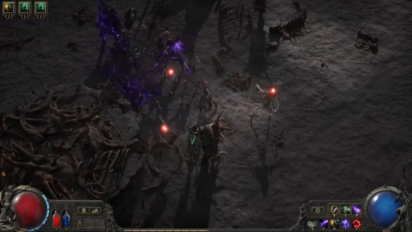 Сражение с армией скелетов и тьмы в пустынной локации Path of Exile 2