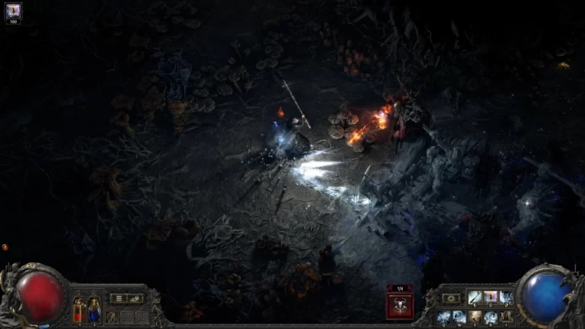 Сражение персонажа с ледяной магией в мрачной подземной локации Path of Exile 2