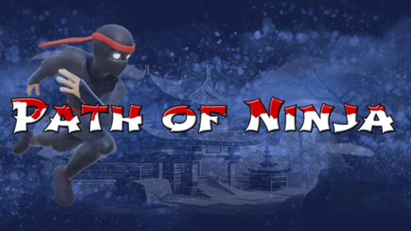 Обложка игры Path of the Ninja, изображение ниндзя на фоне восточной архитектуры
