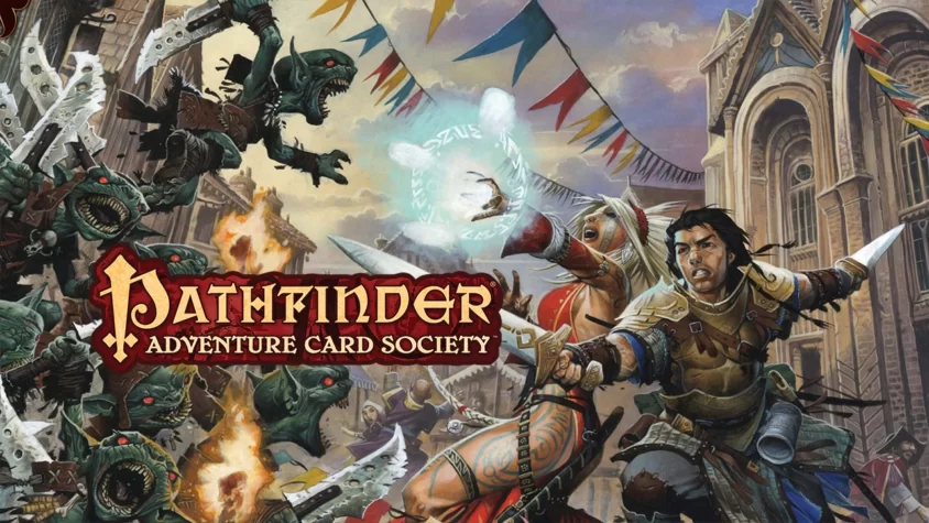 Обложка игры Pathfinder Adventure Card Game с героями и орками на переднем плане