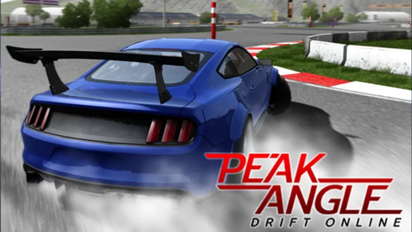 Peak Angle: Drift Online – Название игры Игровая обложка Peak Angle: Drift Online, где голубая машина несется по трассе, оставляя за собой следы дыма