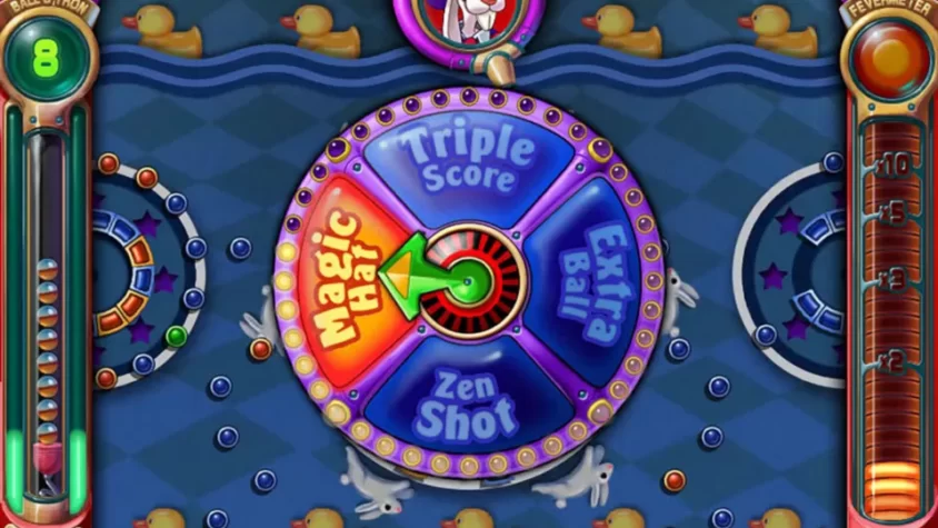 Сцена из Peggle Deluxe с колесом удачи и утками на фоне