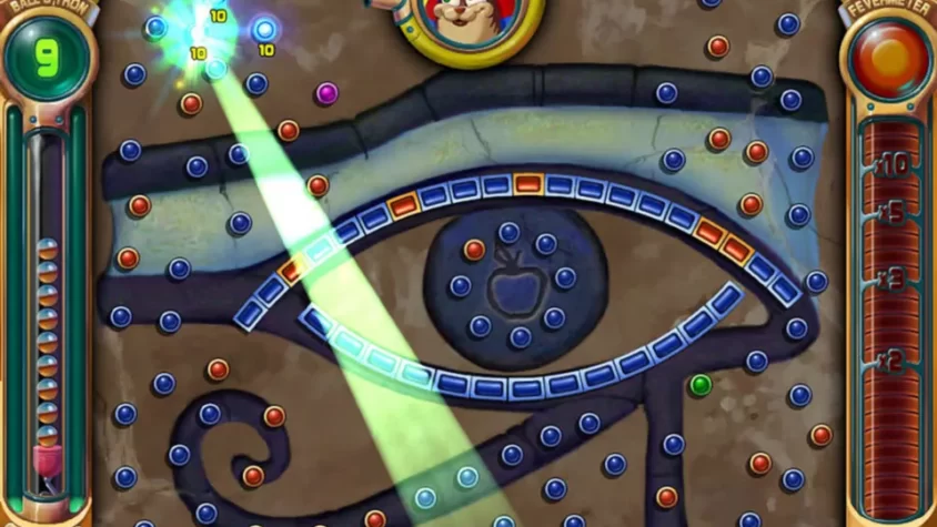Сцена из Peggle Deluxe с фоном в виде глаза и лучом света