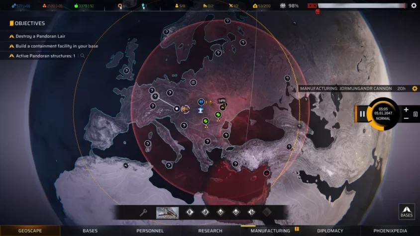 Карта мира в Phoenix Point с активными миссиями и зонами действия