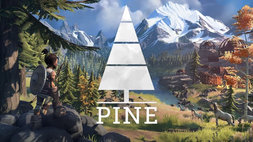 Обложка игры Pine с главным героем на фоне гор и леса