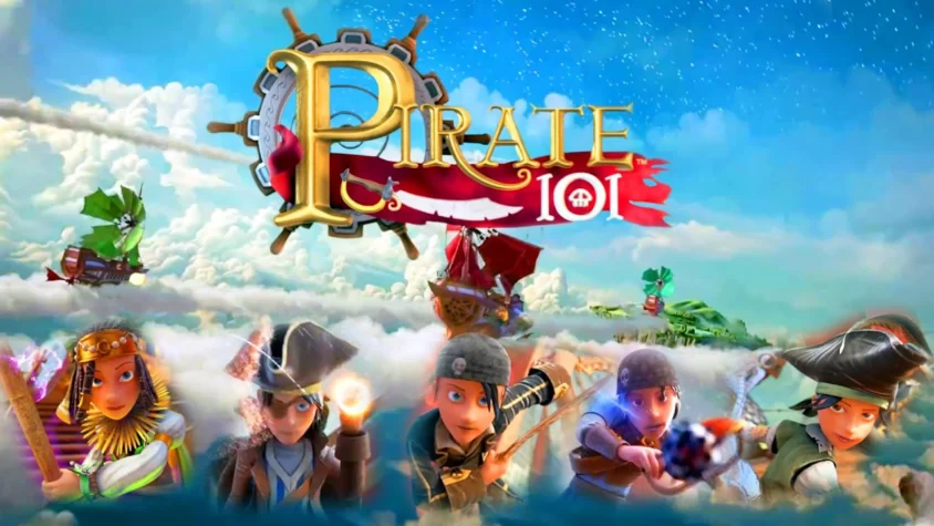 Обложка игры Pirate101, с пиратами и парусниками на фоне облаков и неба