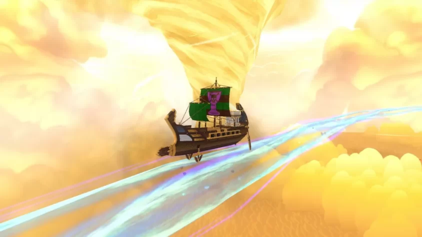 Пиратский корабль на фоне облаков и вихря в игре Pirate101