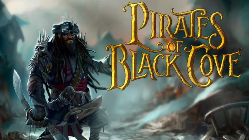 Pirates of Black Cove Обложка игры с пиратом, держащим саблю и призывом к приключениям