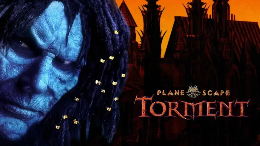 Planescape: Torment — обложка игры Главный герой игры с синим лицом и дредами на фоне загадочного города