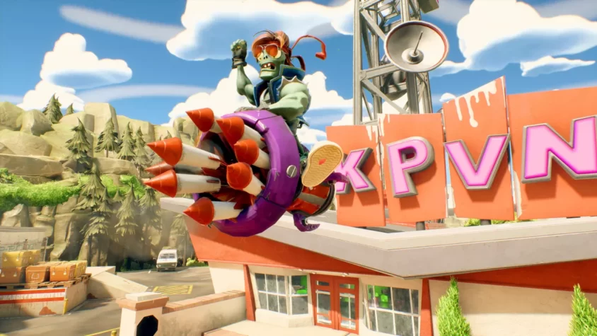 Зомби с ракетными ботинками летит по крышам в Plants vs. Zombies: Battle for Neighborville