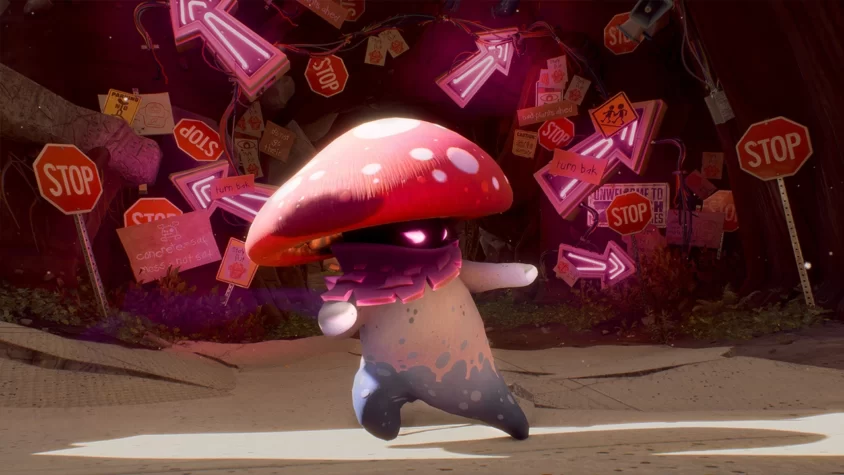Гриб с ярким шлемом на фоне стоп-знаков в Plants vs. Zombies: Battle for Neighborville