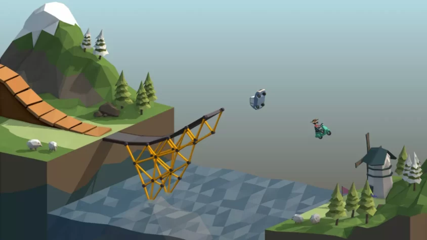 Транспортное средство летит через разрушенный мост в игре Poly Bridge