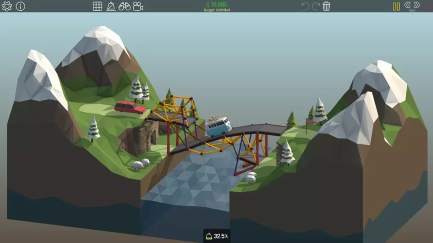 Транспортные средства проезжают по построенному мосту в игре Poly Bridge