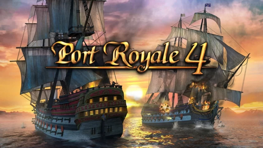 Port Royale 4 — Приготовьтесь к сражениям и пиратским приключениям Обложка игры Port Royale 4 с двумя военными кораблями, один из которых горит