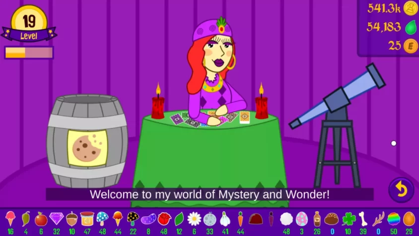 В игре Potion Commotion встреча с мистической гадалкой в фиолетовой комнате