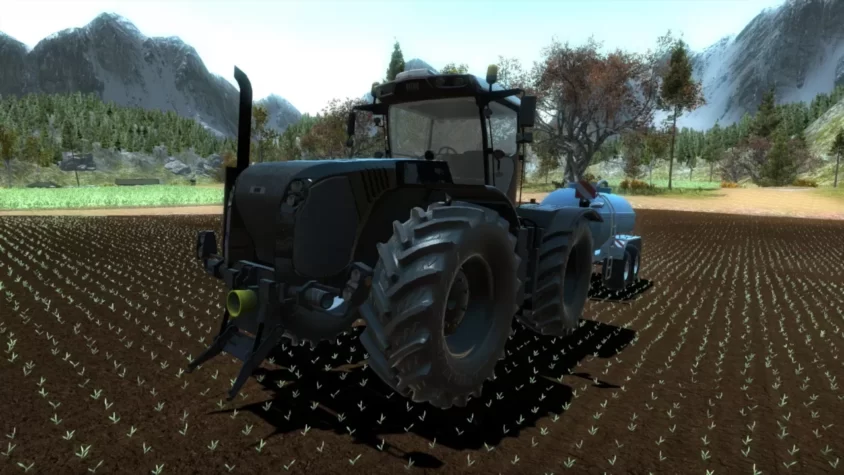 Трактор с прицепом на поле с посевами в игре Professional Farmer 2017