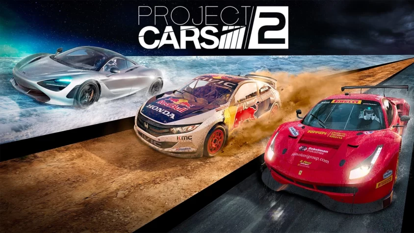 Обложка игры Project CARS 2 с тремя машинами на разных трассах