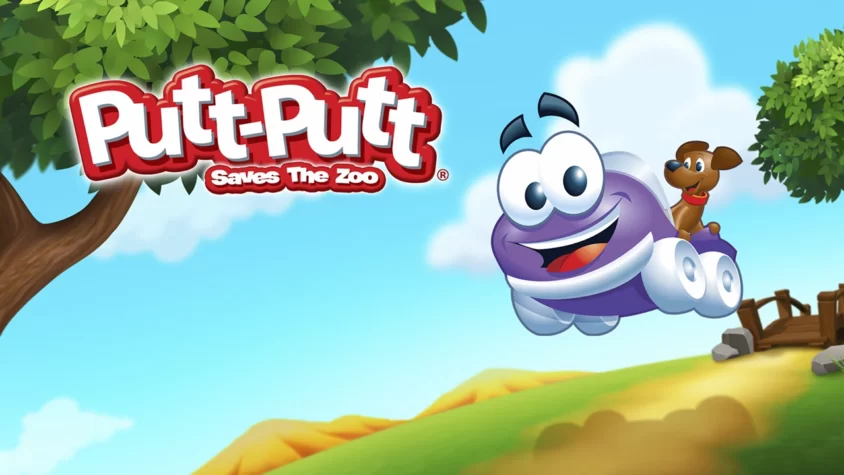 Putt-Putt Saves the Zoo — Патт спасает зоопарк Обложка игры Putt-Putt Saves the Zoo с улыбающимся Паттом и его собакой на фоне яркого неба и зелёных холмов