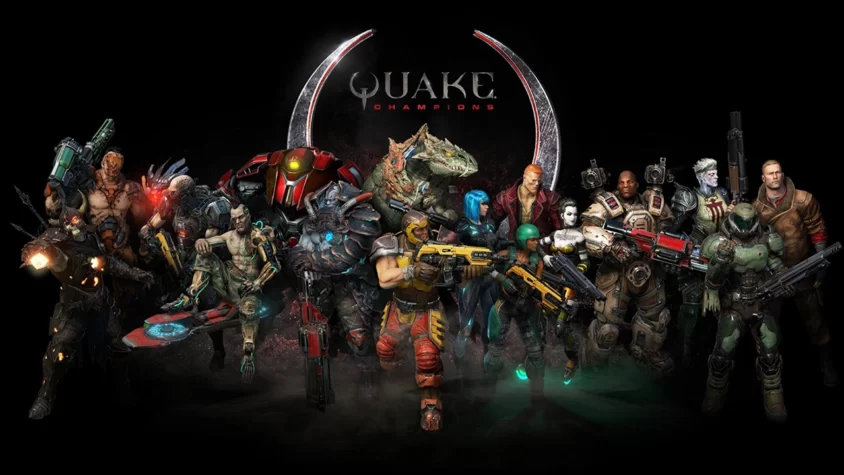 Главные герои игры Quake Champions, готовые к бою, каждый со своим уникальным оружием и стилем
