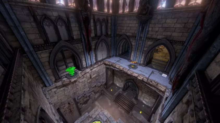 Вид арены в Quake Champions с различными предметами, которые могут быть использованы игроками в бою