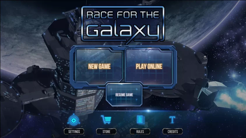 Главное меню игры Race for the Galaxy с кнопками для начала новой игры, игры онлайн и продолжения