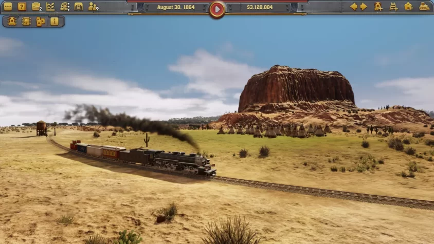Поезд в Railway Empire едет через пустыню с индейскими палатками
