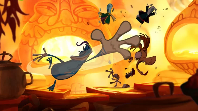 Герои Rayman Origins в процессе приключений, с ног до головы в хаосе