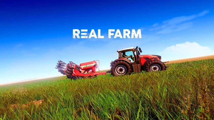 На обложке игры Real Farm трактор работает на поле с земледельческим оборудованием, создавая иллюзию настоящей фермерской жизни