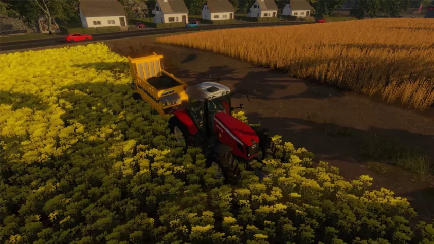 Трактор в игре Real Farm, загружает урожай в прицеп, пока вокруг мирно растёт растительность