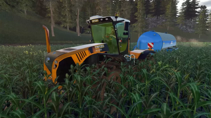 Трактор в игре Real Farm обрабатывает поле с кукурузой, стараясь быть максимально похожим на реальный аграрный процесс