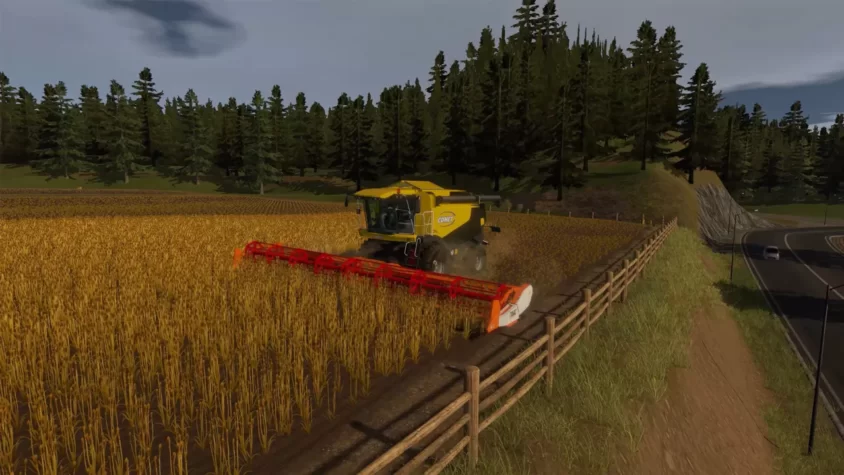 В игре Real Farm комбайн активно работает на поле, врезаясь в ряды пшеницы, пока вдалеке едут машины