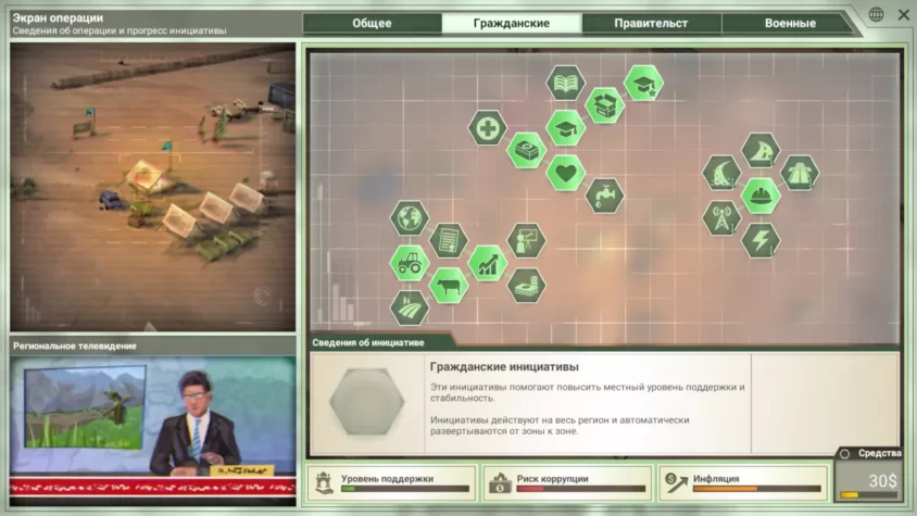 Интерфейс игры Rebel Inc: Escalation — планы на восстановление региона, и это не так просто, как нажать кнопку