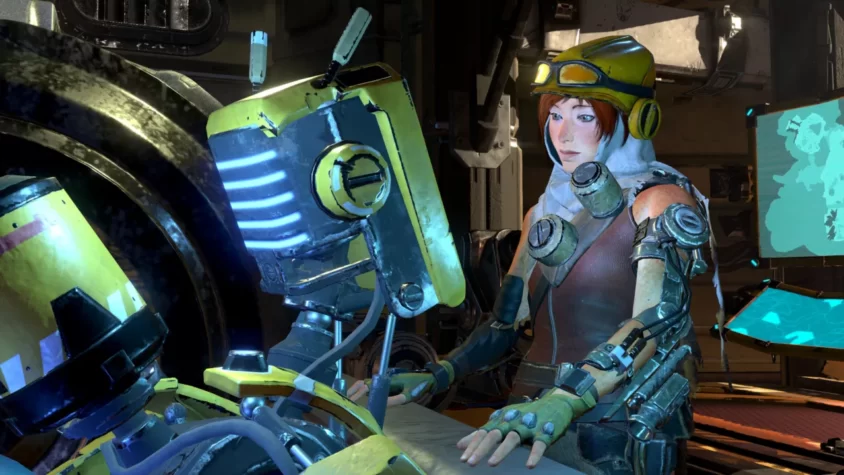 Героиня ReCore общается с роботом, похоже, они оба не понимают, что происходит