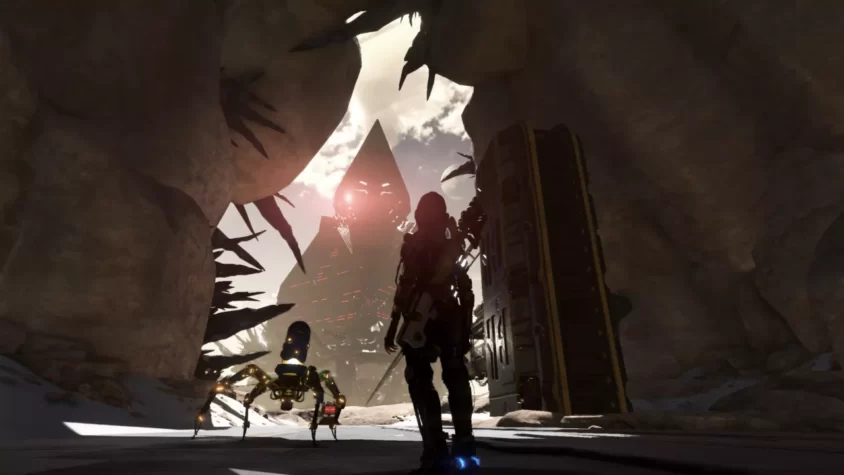 Героиня ReCore стоит у входа в загадочное место, на фоне — величественная пирамида