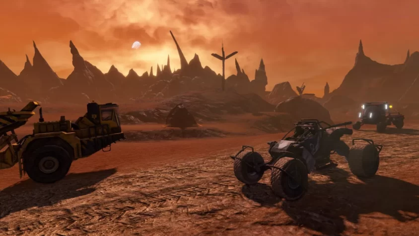 Марсианский пейзаж с транспортом в игре Red Faction: Guerrilla