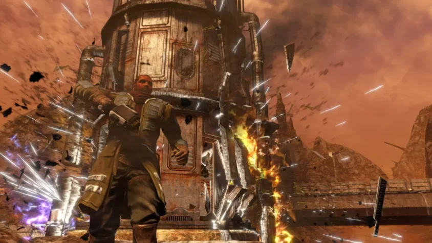 Главный герой в разгаре разрушений в игре Red Faction: Guerrilla