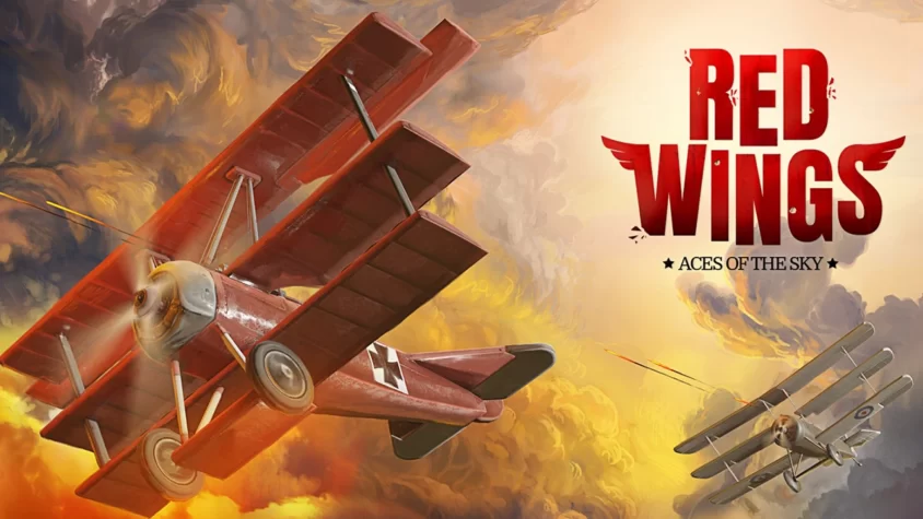 Red Wings: Aces of the Sky - Обложка игры Обложка игры Red Wings: Aces of the Sky с двумя самолётами на фоне огненного неба