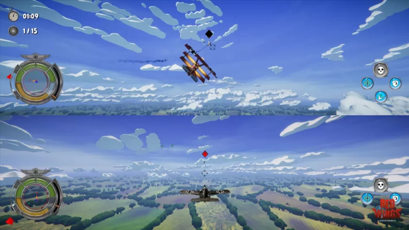 В игре Red Wings: Aces of the Sky бой между двумя самолётами с видом на облака и землю