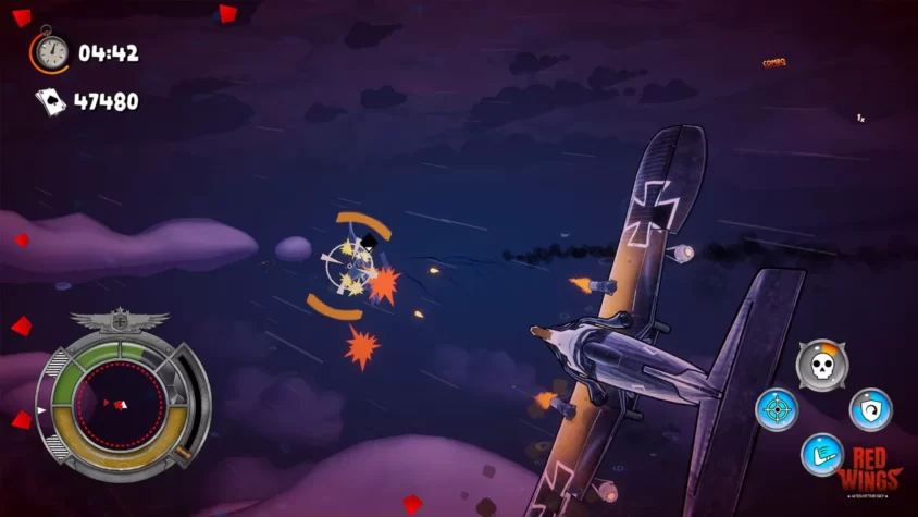 В игре Red Wings: Aces of the Sky бой с врагом ночью, с видом на самолёт и взрывы