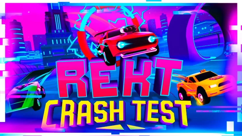 Обложка игры Rekt: Crash Test, на которой изображены яркие гоночные автомобили, выполняющие трюки в футуристичном городе