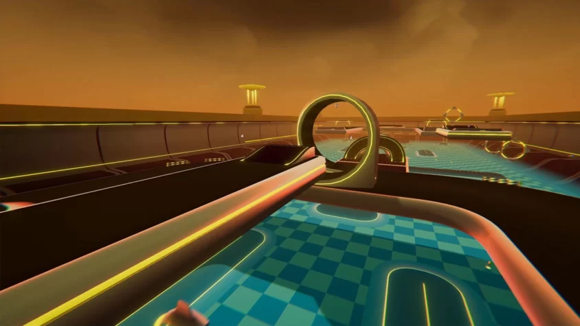 Трасса из игры Rekt: Crash Test с яркими светящимися элементами и футуристичной атмосферой