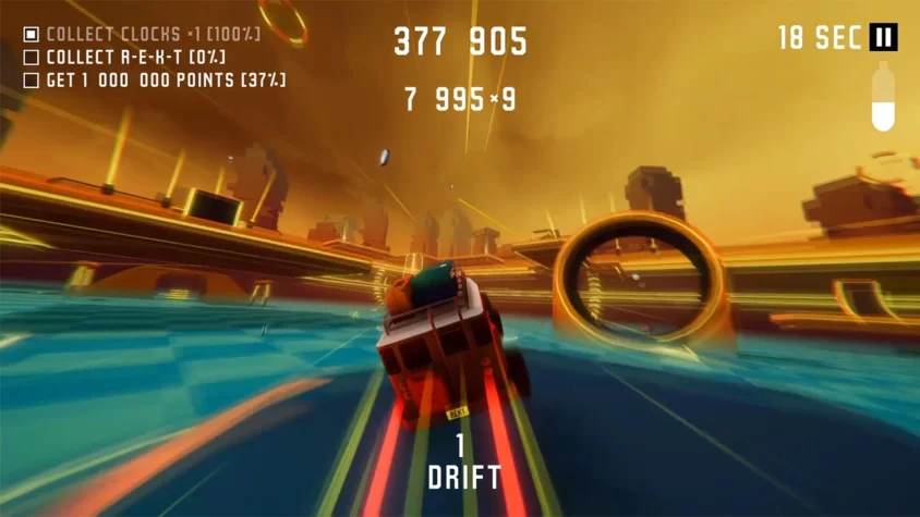 Гоночный момент из Rekt: Crash Test, где автомобиль выполняет дрифт на яркой трассе с желтыми и оранжевыми неоновыми огнями