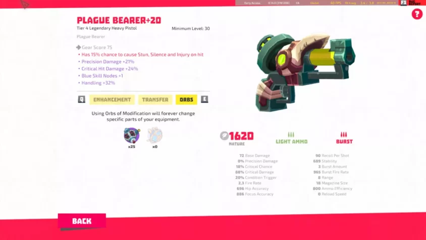 Экран улучшения оружия Plague Bearer+20 в Relic Hunters Legend