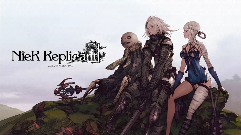 Обложка игры NieR Replicant с персонажами на фоне природного пейзажа