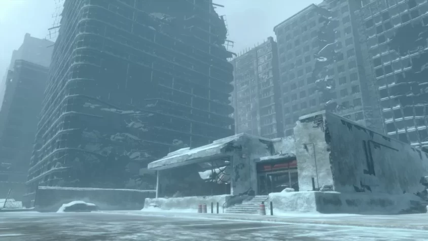 Заброшенные здания в снежном пейзаже в мире NieR Replicant