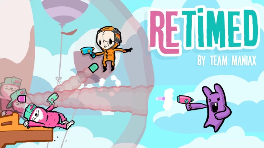 Retimed — игра, где время — не главное, но все равно весело Обложка игры Retimed с персонажами, стреляющими разноцветными пульками и облаками