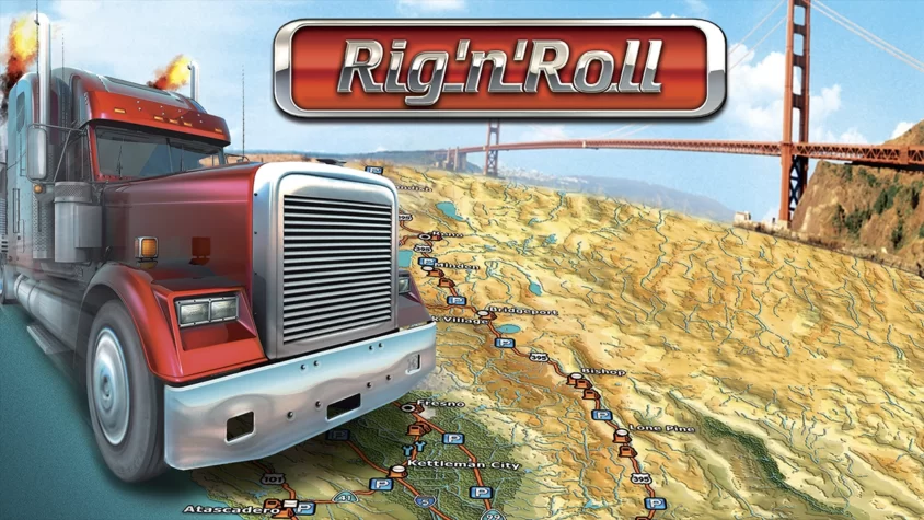 Обложка игры Rig'n'Roll, где красный грузовик мчится по картам с мостом на фоне